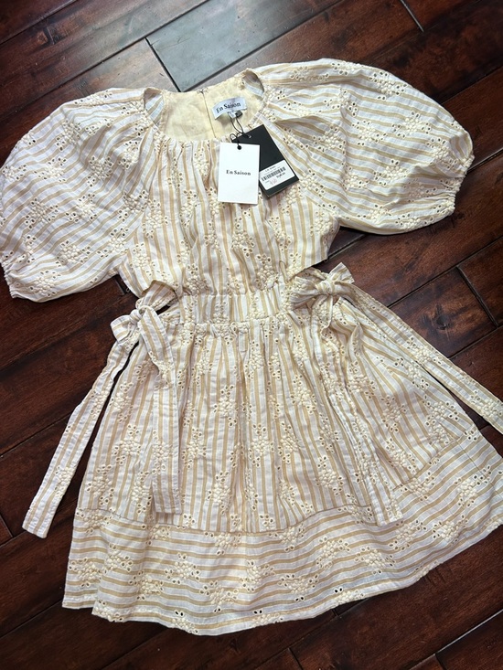 En Saison Tops - En Saison - NWT Cream and White Eyelet Stripe Peasant Dress - 100% Cotton